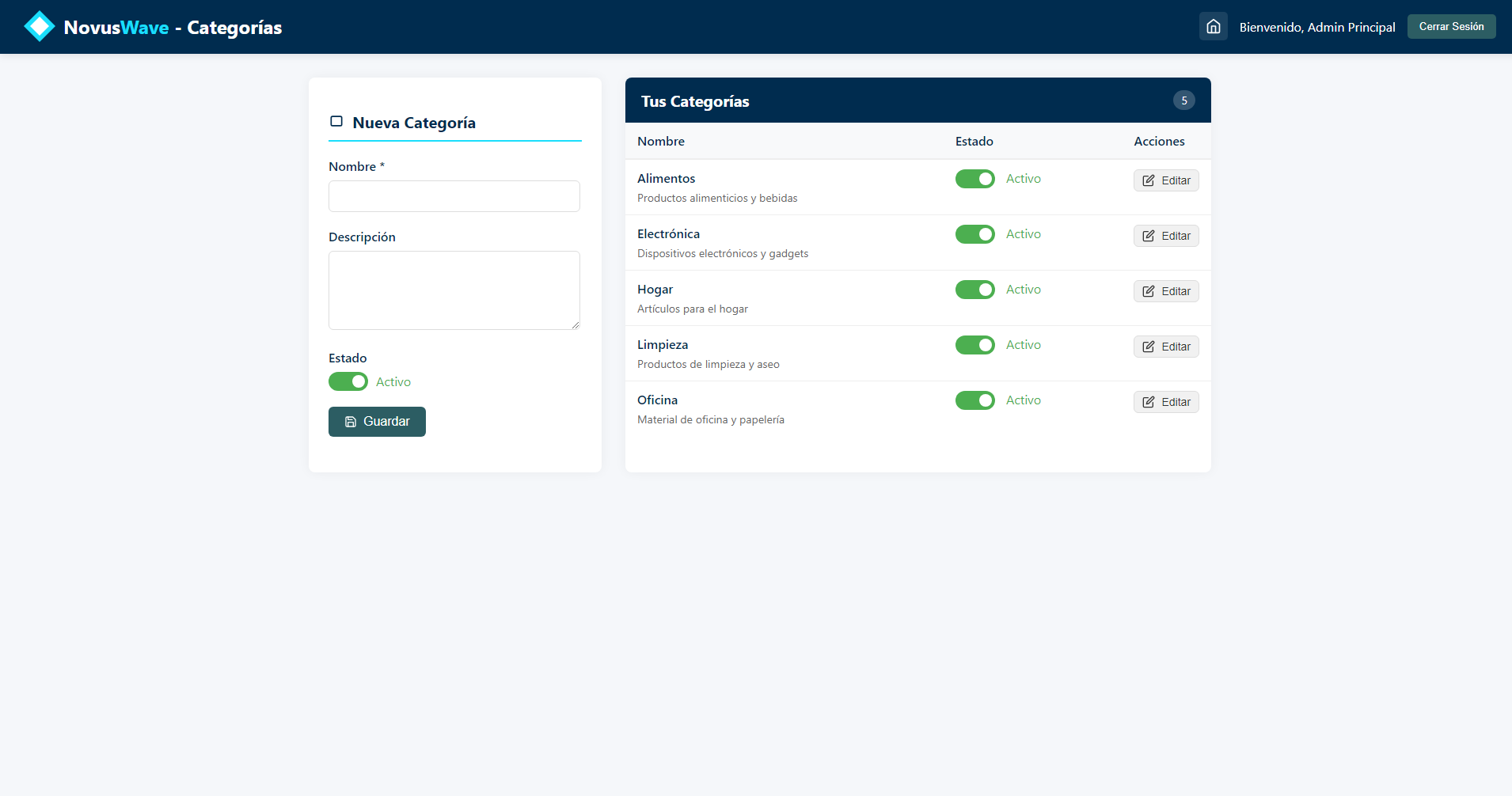Interfaz de Categorias