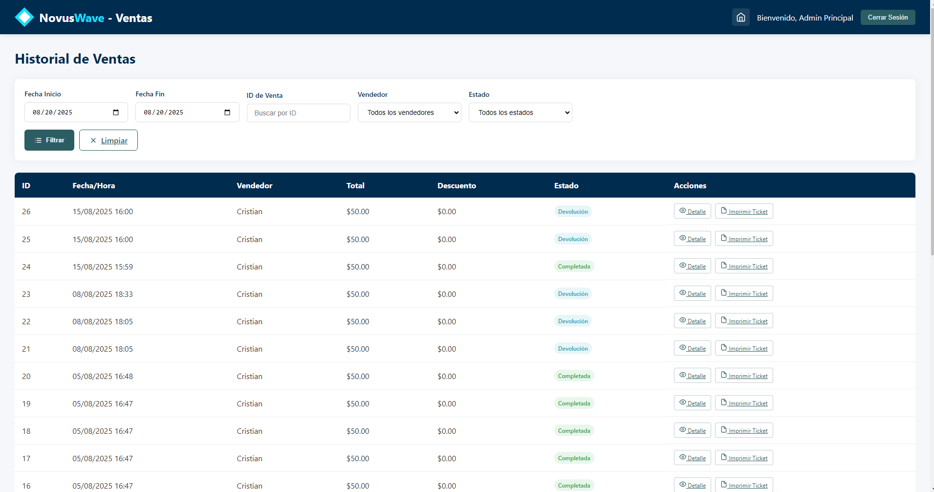 Interfaz de Historial de Ventas